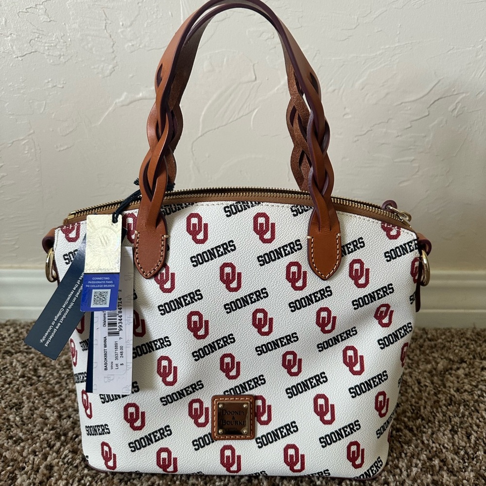 Dooney & Bourke White and Brown OU SOONERS Satchel with Leather Handles